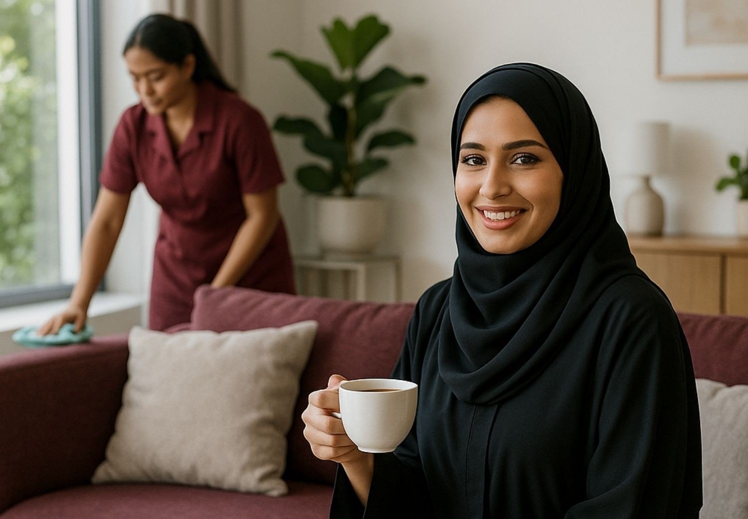 عميلة مرتاحة وعاملة منزلية أثناء العمل